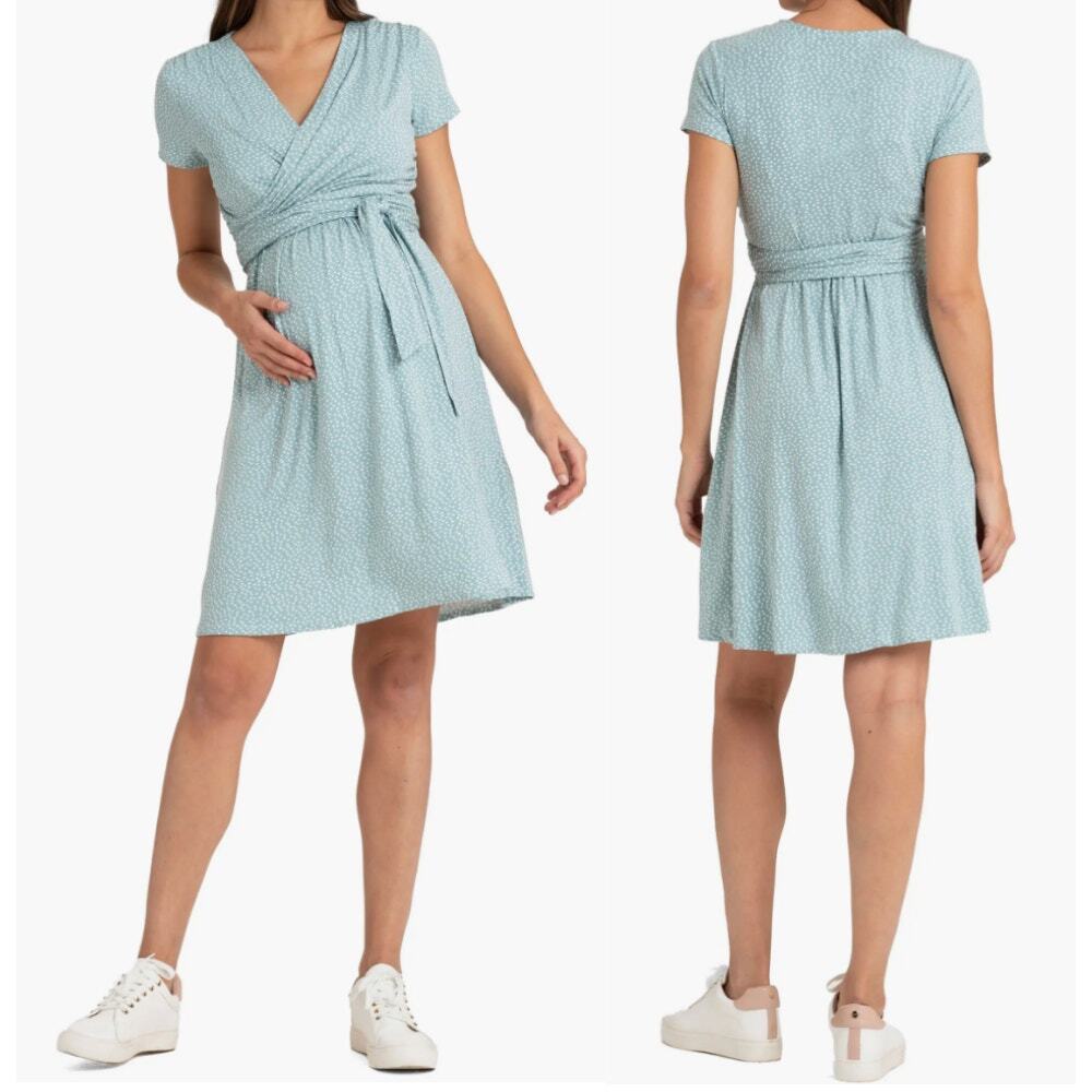 Seraphine Sage Polka Dot Maternity Nursing Dress L Faux Wrap V Neck Tie Waist